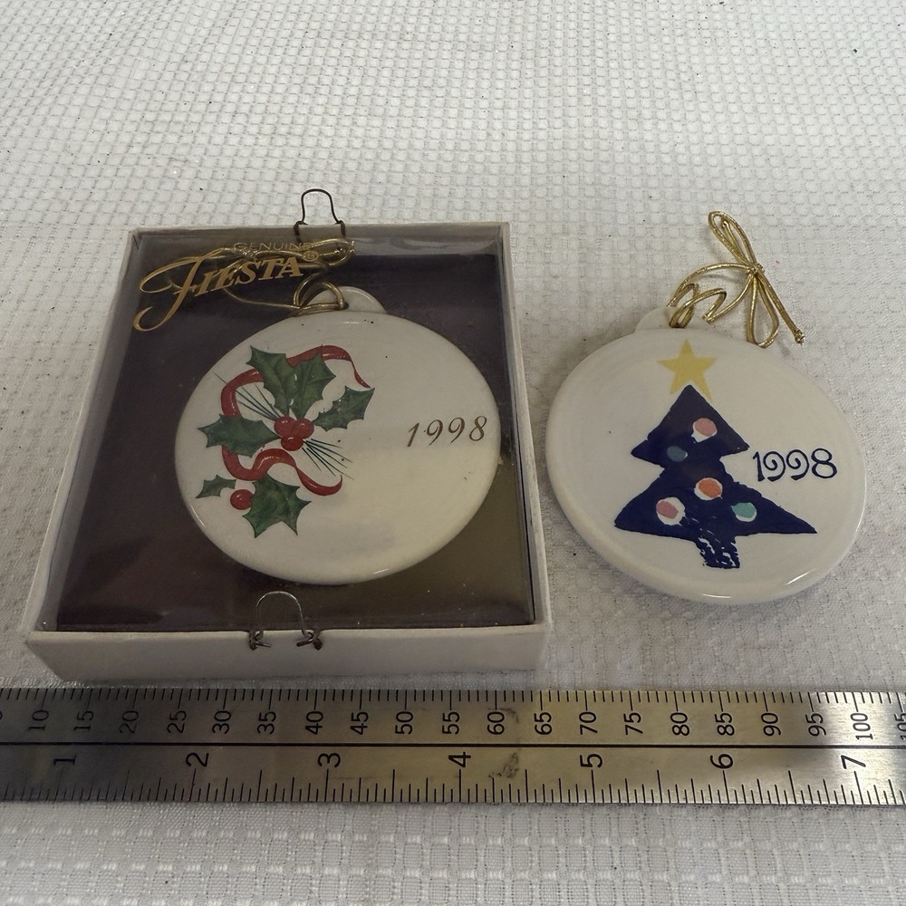 2 Vtg 98 Fiestaware Fiesta Christmas Ornament White‎ Blue Tree Homer Laughlin